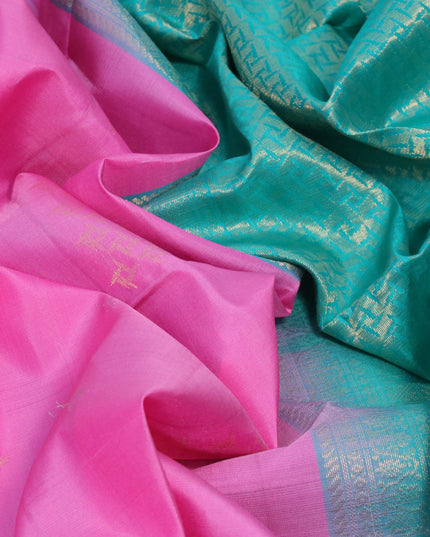 Pure soft silk saree light pink and teal blue with silver & gold zari woven buttas in borderless style