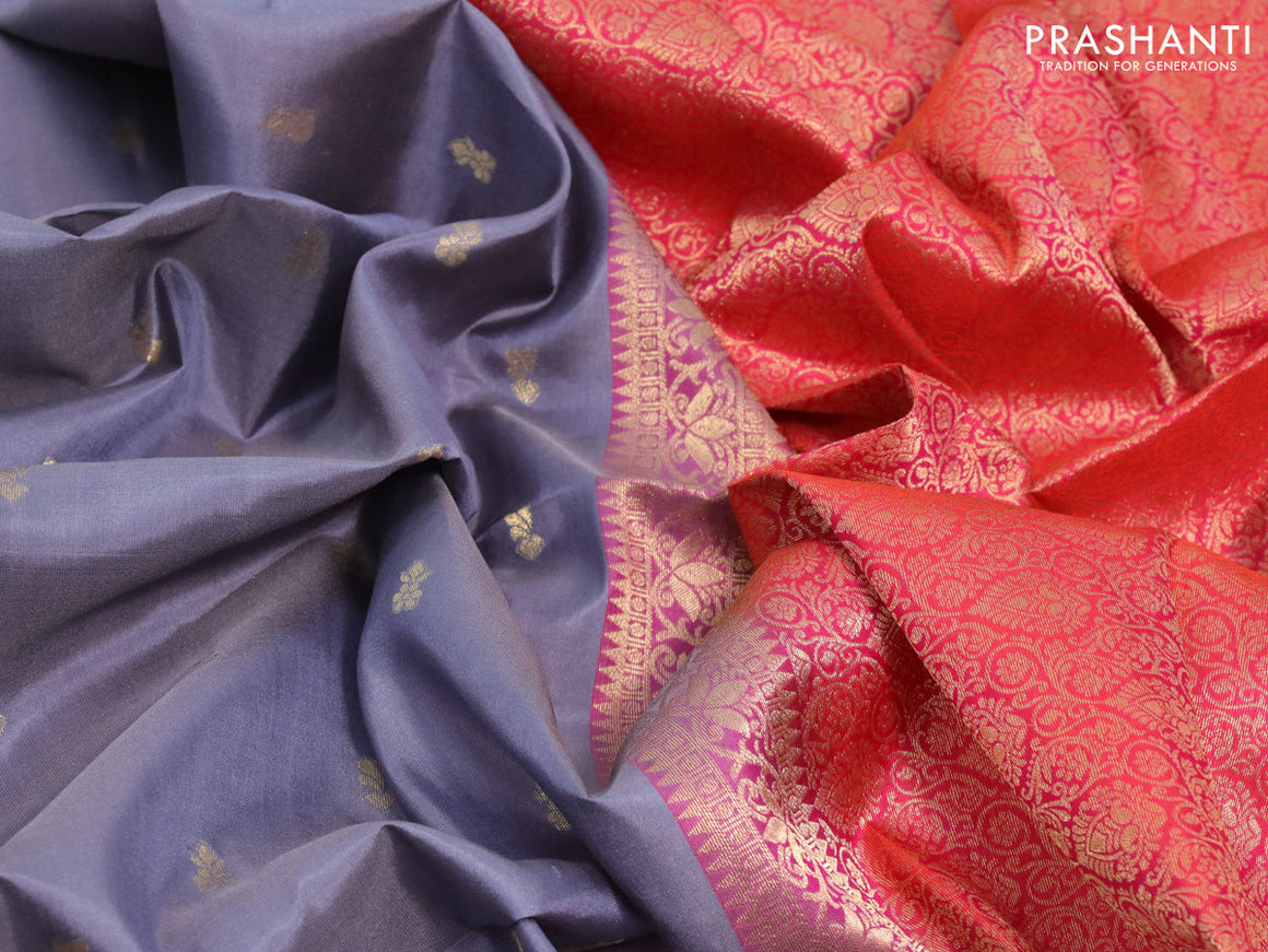 Pure soft silk saree grey shade and dual shade of pinkish orange with silver & gold zari woven geometric buttas in borderless style