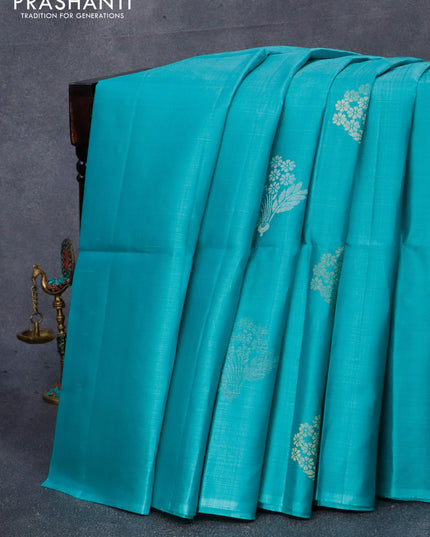 Pure soft silk saree teal blue and blue with silver & gold zari woven floral buttas in borderless style