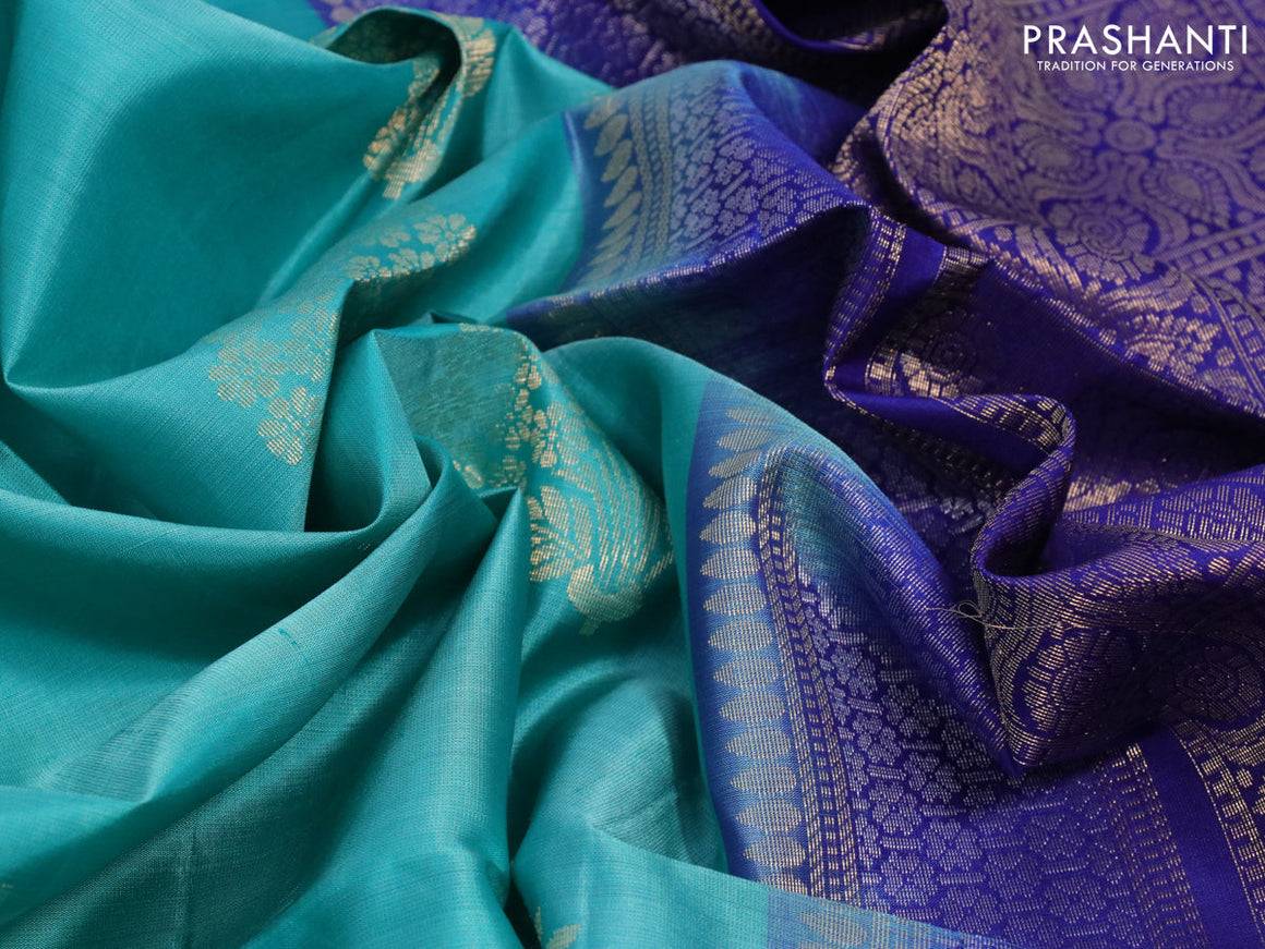 Pure soft silk saree teal blue and blue with silver & gold zari woven floral buttas in borderless style