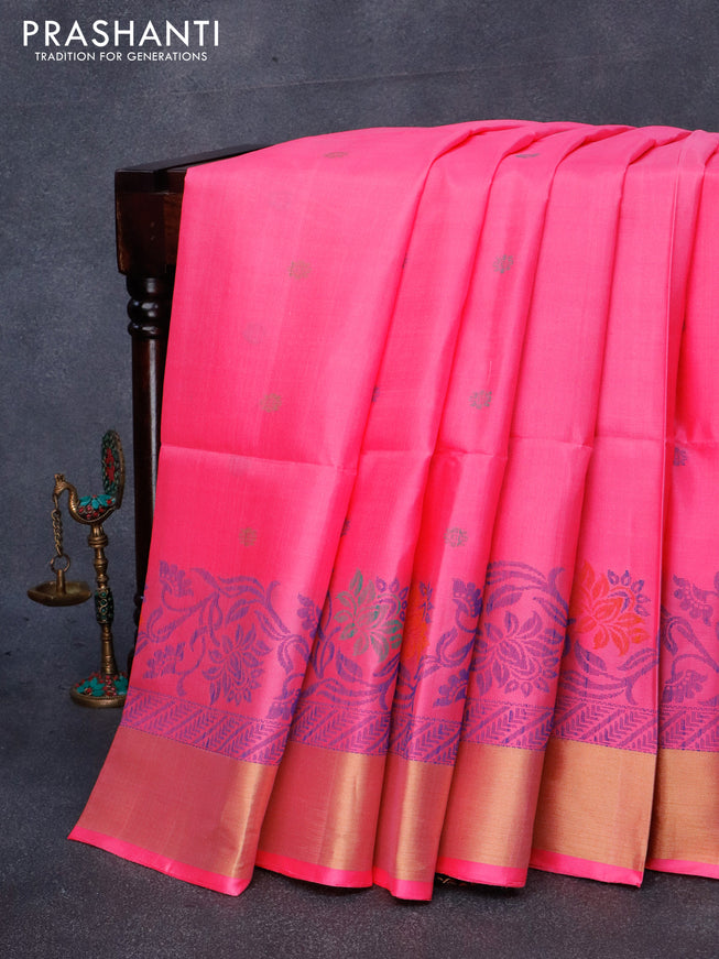 Pure soft silk saree peach pink and wine shade with thread woven buttas and zari woven border