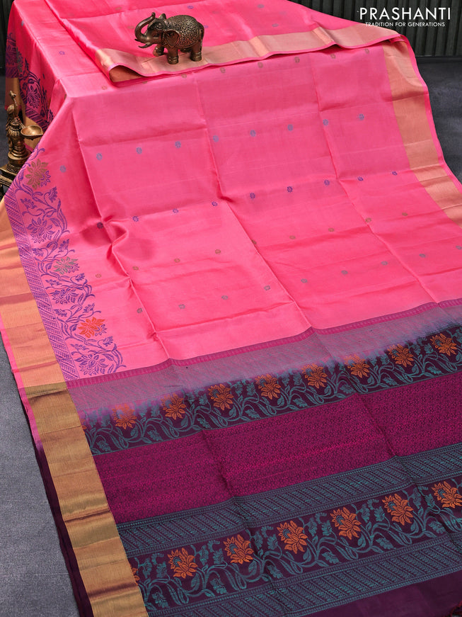 Pure soft silk saree peach pink and wine shade with thread woven buttas and zari woven border