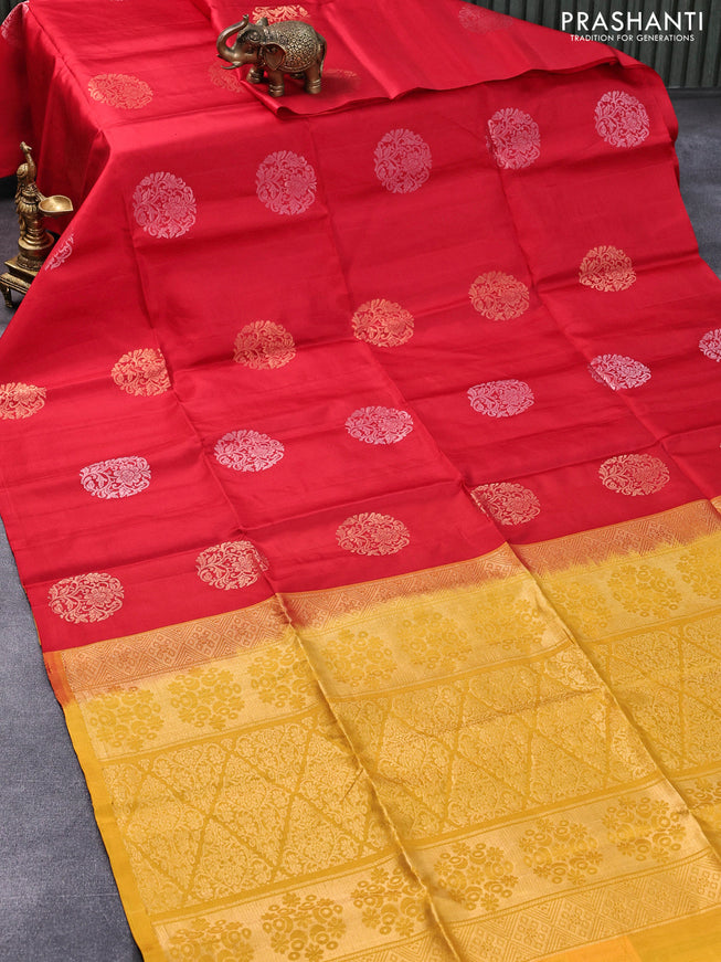 Pure soft silk saree red and mustard yellow with silver & gold zari woven buttas in borderless style