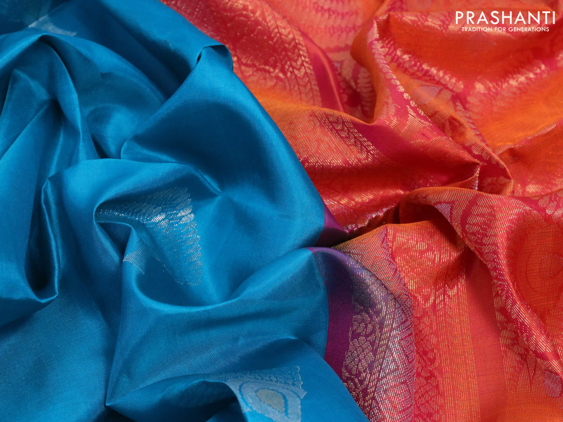 Pure soft silk saree cs blue and dual shade of pinkish orange with silver & gold zari woven buttas in borderless style
