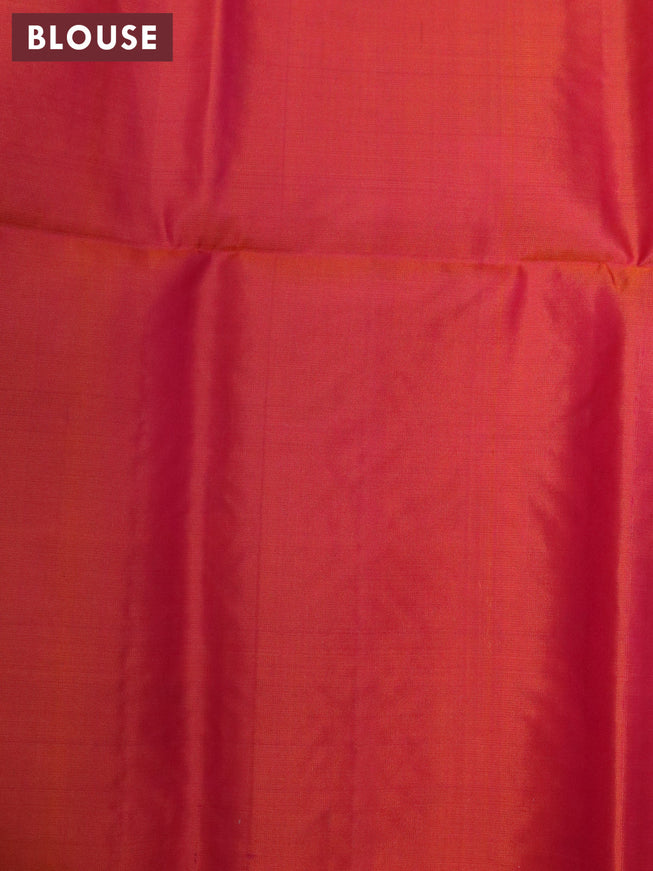 Pure soft silk saree cs blue and dual shade of pinkish orange with silver & gold zari woven buttas in borderless style
