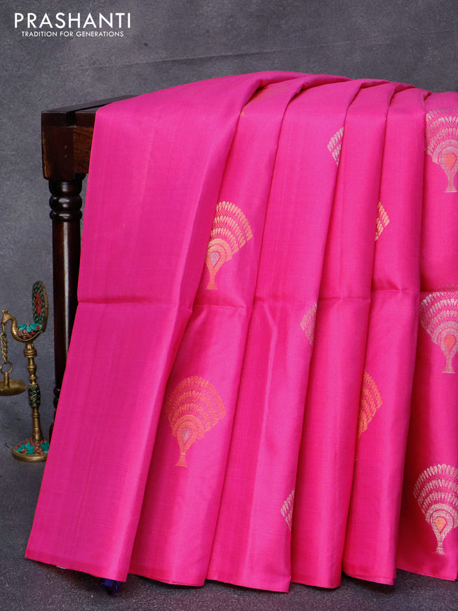 Pure soft silk saree pink and blue with silver & gold zari woven buttas in borderless style