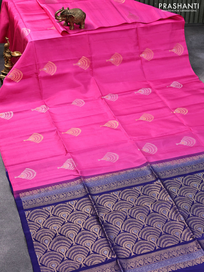 Pure soft silk saree pink and blue with silver & gold zari woven buttas in borderless style