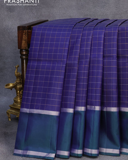 Pure soft silk saree dark blue and dual shade of greenish blue with allover zari checked pattern and rettapet silver zari woven border