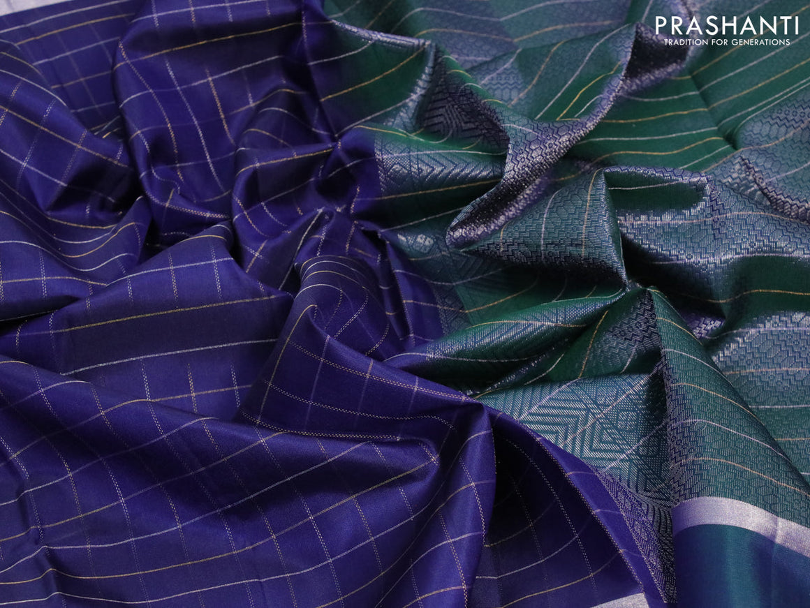 Pure soft silk saree dark blue and dual shade of greenish blue with allover zari checked pattern and rettapet silver zari woven border