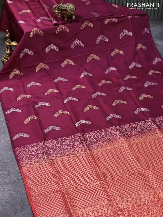 Pure soft silk saree maroon and dual shade of pinkish orange with silver & gold zari woven buttas in borderless style