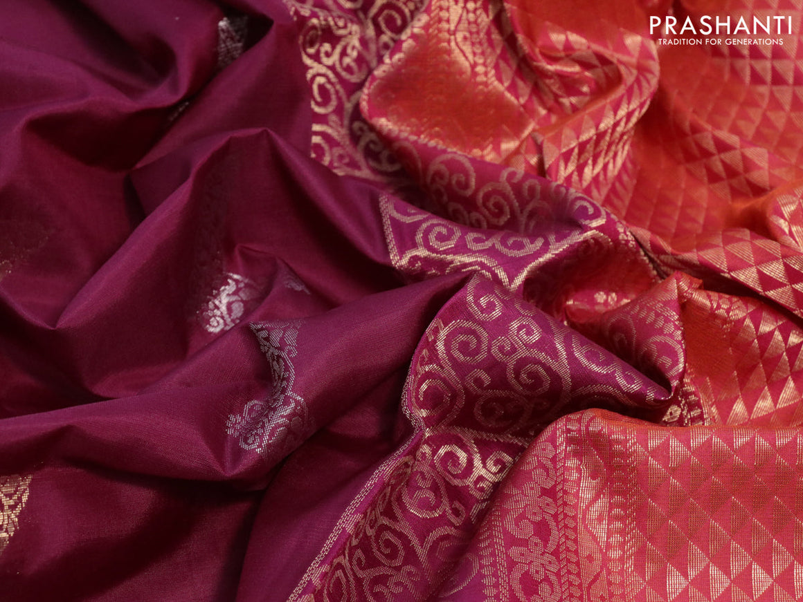 Pure soft silk saree maroon and dual shade of pinkish orange with silver & gold zari woven buttas in borderless style