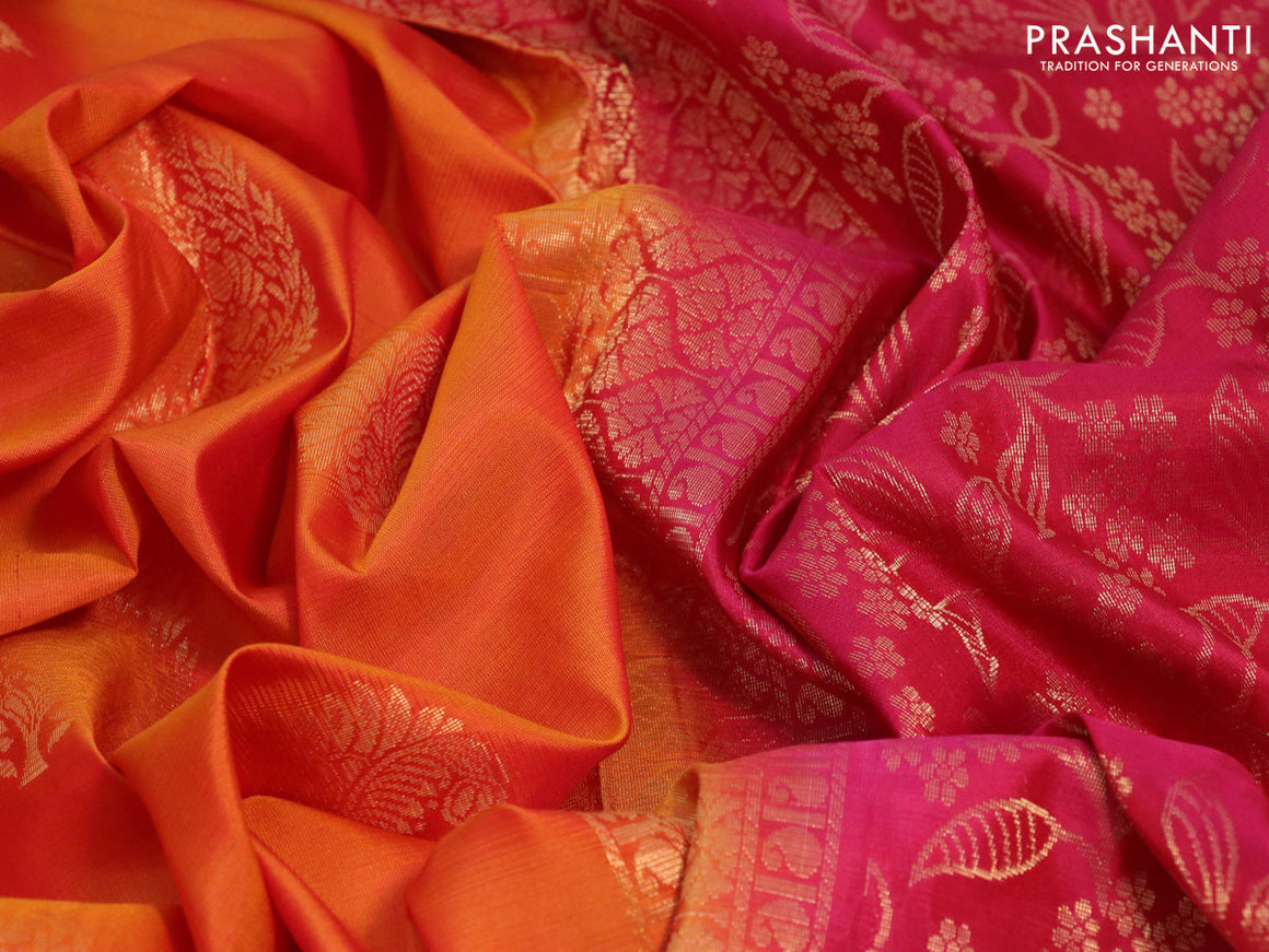 Pure soft silk saree dual shade of orange and pink with zari woven buttas and zari woven simple border