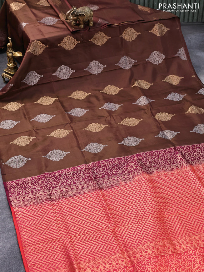 Pure soft silk saree dual shade of brown and dual shade of pinkish orange with silver & gold zari woven buttas in borderless style