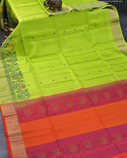 Pure soft silk saree fluorescent green and orange with thread woven floral buttas and zari woven border