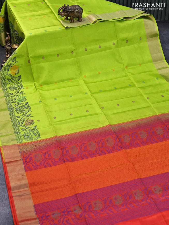 Pure soft silk saree fluorescent green and orange with thread woven floral buttas and zari woven border