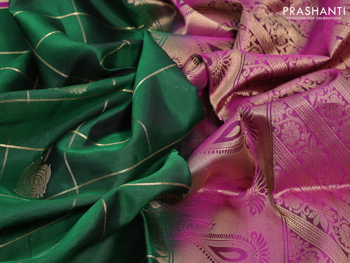 Pure soft silk saree green and purple with allover zari checks & paisley buttas and rettapet zari woven border