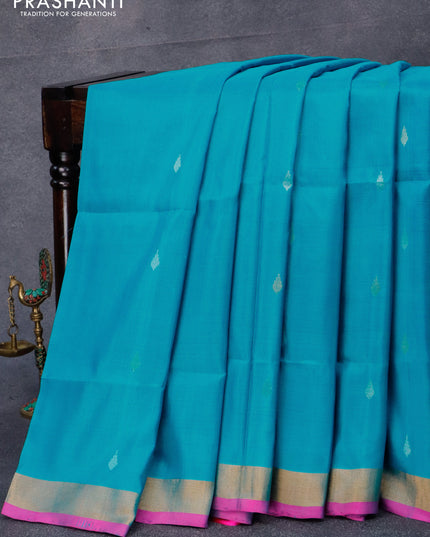 Pure uppada silk saree cs blue and pink with silver & gold zari woven buttas and zari woven border