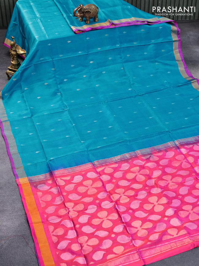 Pure uppada silk saree cs blue and pink with silver & gold zari woven buttas and zari woven border