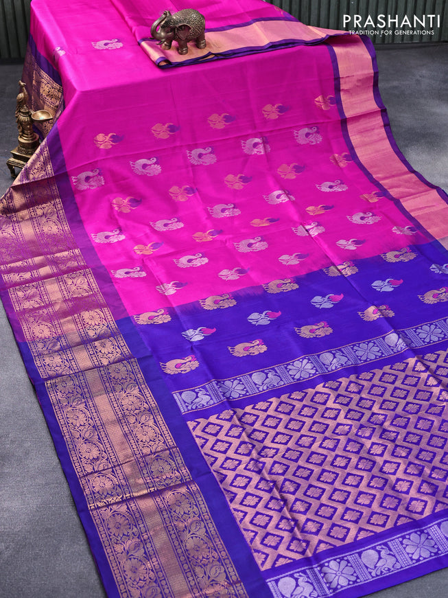 Pure uppada silk saree pink and blue with silver & gold zari woven buttas and long zari woven border