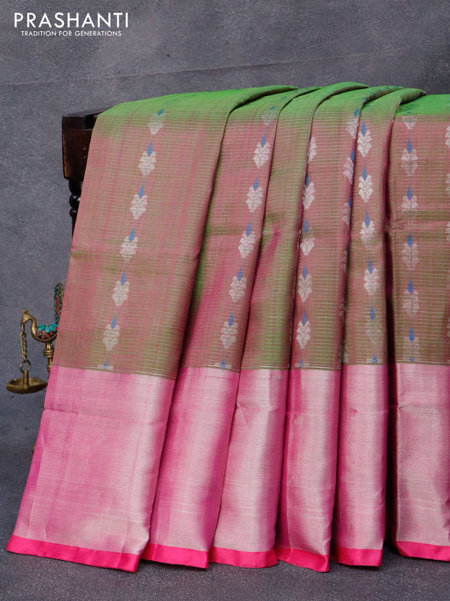 Pure uppada silk saree dual shade of greenish pink and pink with allover silver zari woven butta weaves and long silver zari woven border