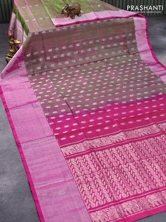 Pure uppada silk saree dual shade of greenish pink and pink with allover silver zari woven butta weaves and long silver zari woven border