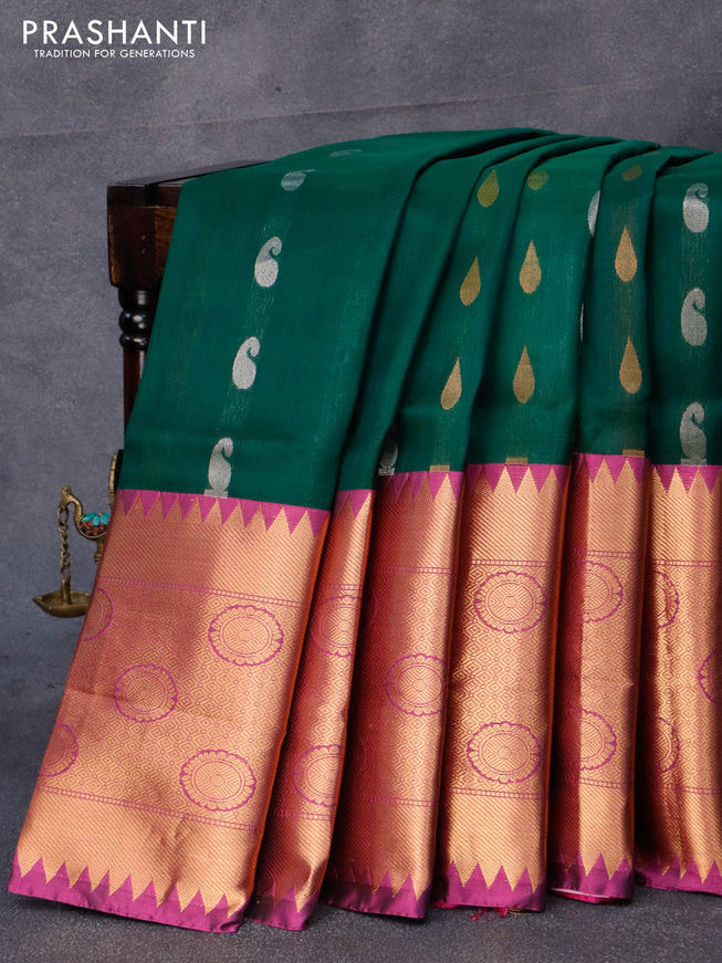 Pure uppada silk saree dark green and purple with allover silver & gold zari woven buttas and long rudhraksha zari woven border