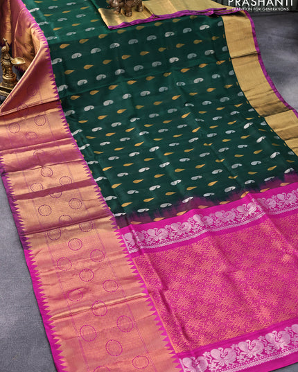 Pure uppada silk saree dark green and purple with allover silver & gold zari woven buttas and long rudhraksha zari woven border
