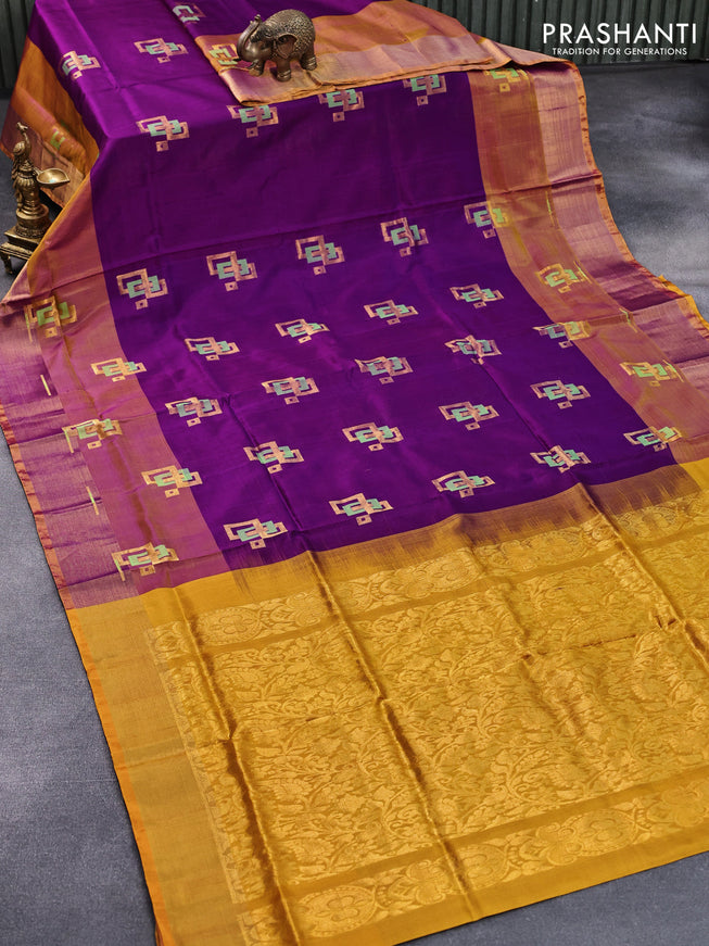 Pure uppada silk saree purple and mustard yellow with thread & zari woven geometric buttas and zari woven border