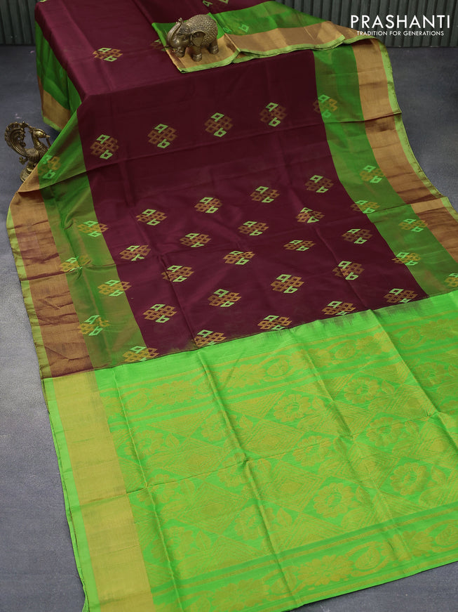 Pure uppada silk saree maroon and green with thread & zari woven geometric buttas and zari woven border