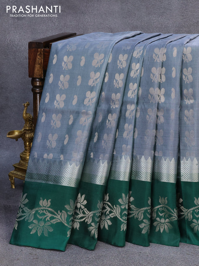 Pure uppada silk saree grey and green with allover silver zari woven butta weaves and silver zari woven border