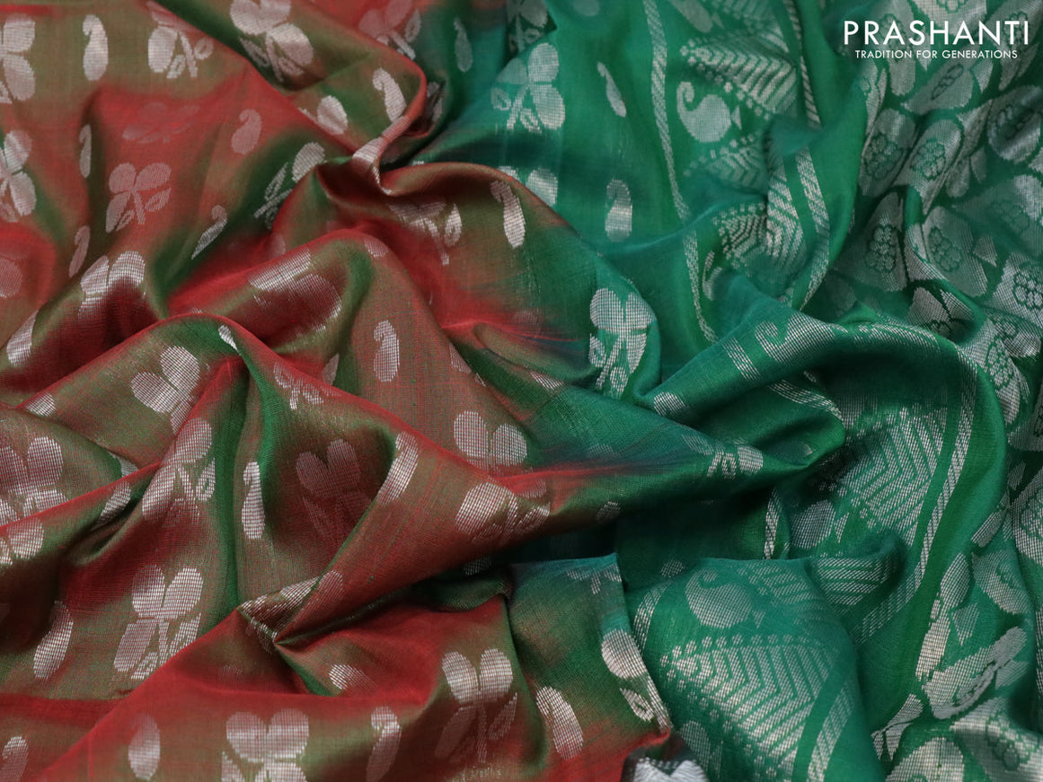 Pure uppada silk saree dual shade of greenish red and dark green with allover silver zari woven butta weaves and silver zari woven border