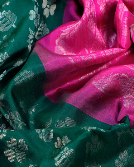 Pure uppada silk saree green and pink with allover silver zari woven butta weaves and long silver zari woven border