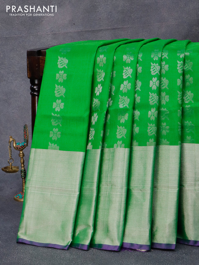 Pure uppada silk saree parrot green and violet with allover silver zari woven butta weaves and long silver zari woven border
