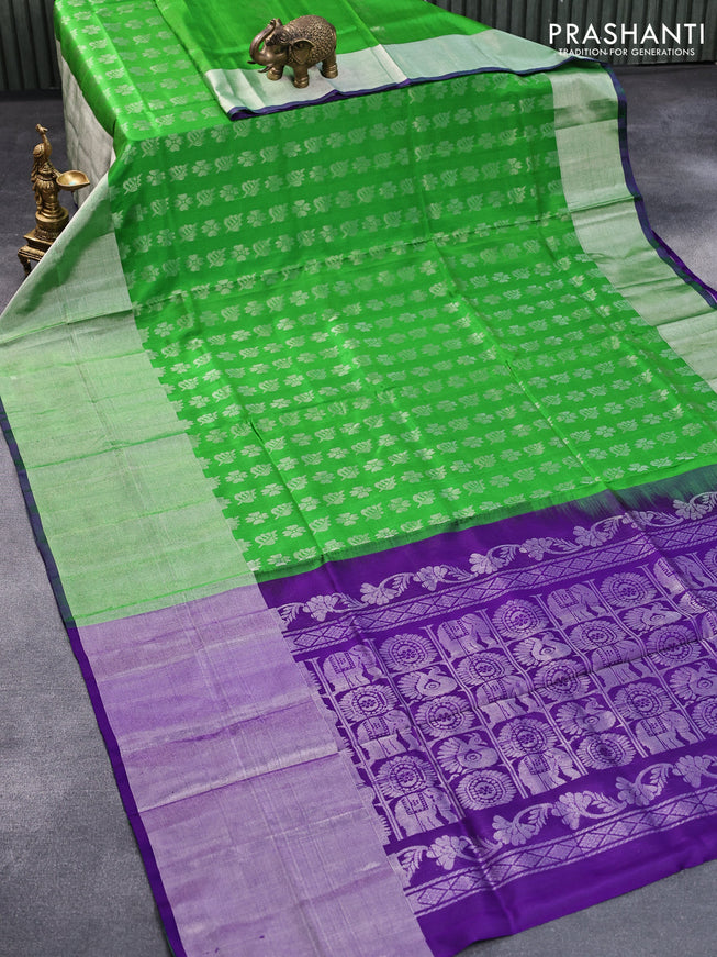 Pure uppada silk saree parrot green and violet with allover silver zari woven butta weaves and long silver zari woven border