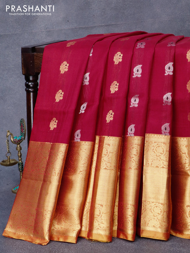 Pure uppada silk saree red and mustard yellow with silver & gold zari woven buttas and long zari woven border