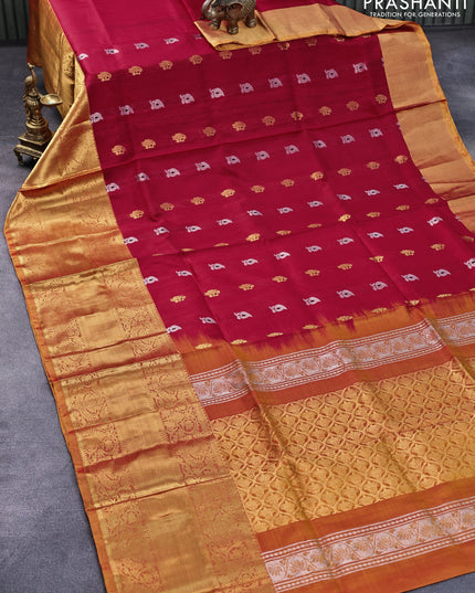Pure uppada silk saree red and mustard yellow with silver & gold zari woven buttas and long zari woven border