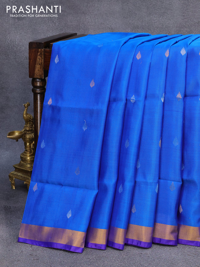 Pure uppada silk saree cs blue and blue with allover silver & gold zari woven buttas and zari woven border