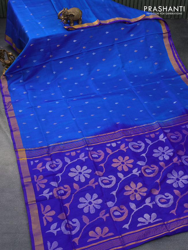 Pure uppada silk saree cs blue and blue with allover silver & gold zari woven buttas and zari woven border