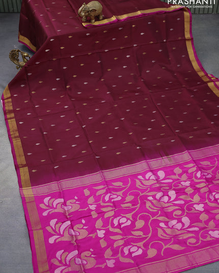 Pure uppada silk saree deep maroon and pink with allover silver & gold zari woven buttas and zari woven border