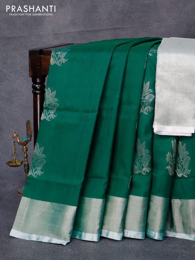Pure uppada silk saree green with silver zari woven buttas and silver zari woven border