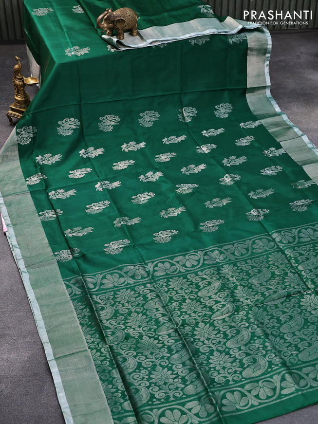 Pure uppada silk saree green with silver zari woven buttas and silver zari woven border