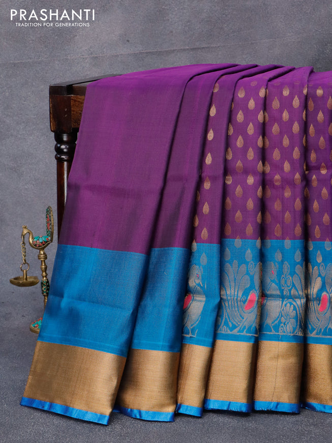 Pure uppada silk saree dark purple and cs blue with allover zari woven tilak butta weaves and long annam design zari woven border