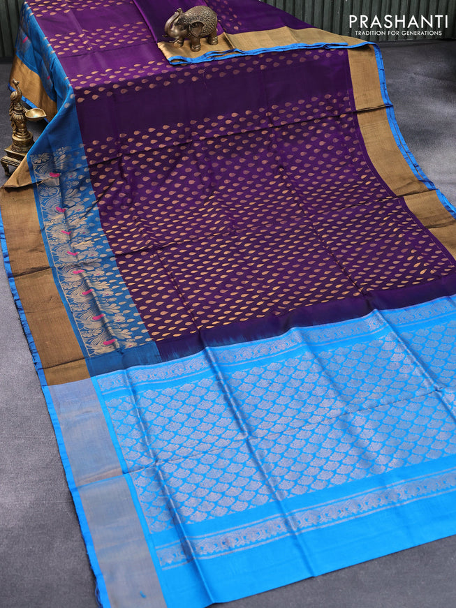 Pure uppada silk saree dark purple and cs blue with allover zari woven tilak butta weaves and long annam design zari woven border