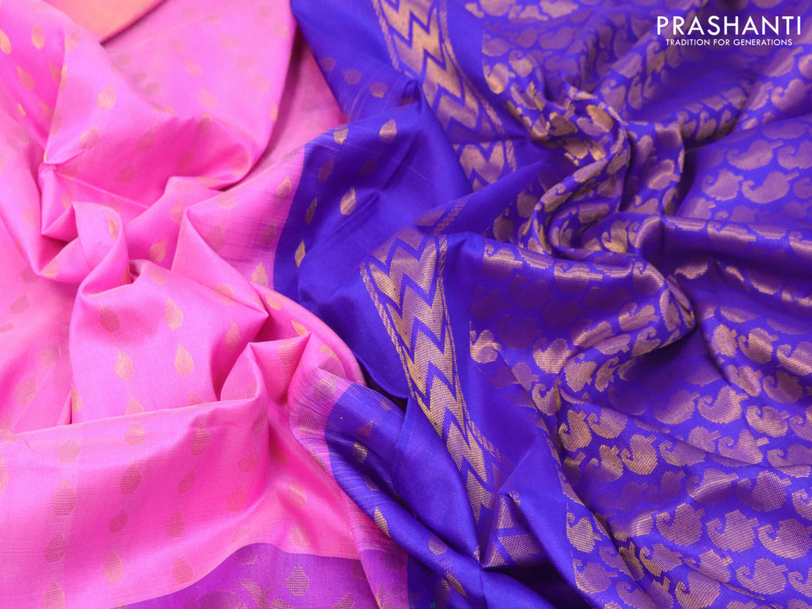 Pure uppada silk saree pink and blue with allover zari woven tilak butta weaves and long peacock design zari woven border