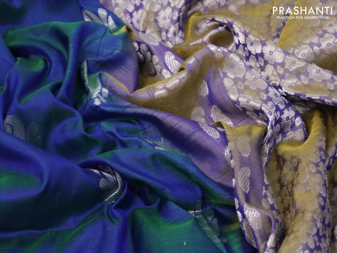 Pure uppada silk saree dual shade of bluish green and dual shade of bluish yellow with silver zari woven buttas and long silver zari woven butta border