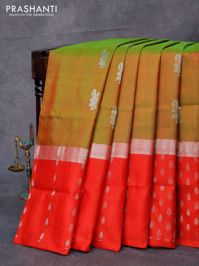 Pure uppada silk saree dual shade of green and red with silver zari woven buttas and silver zari woven butta border