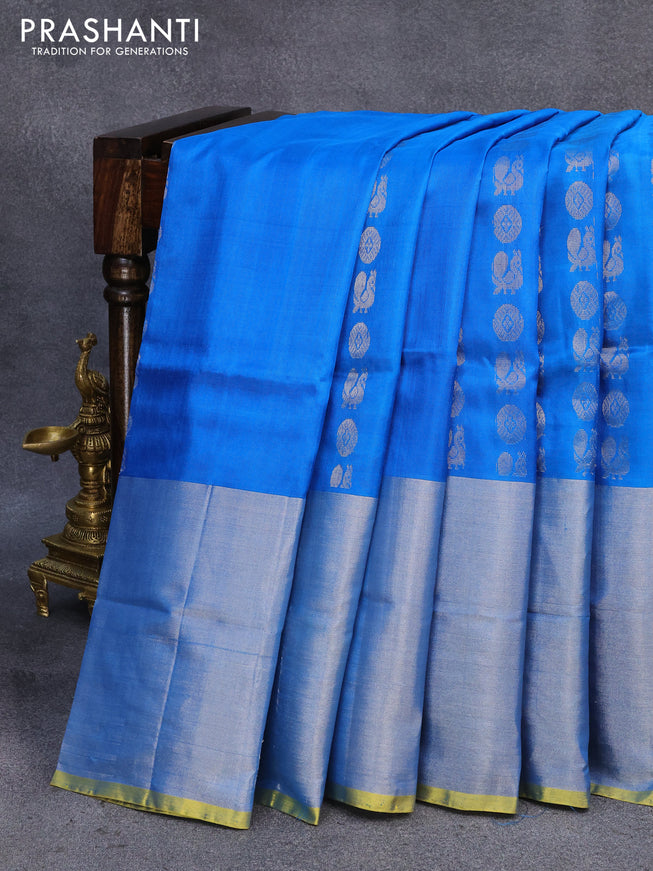 Pure uppada silk saree cs blue and yellow with silver zari woven buttas and long silver zari woven border