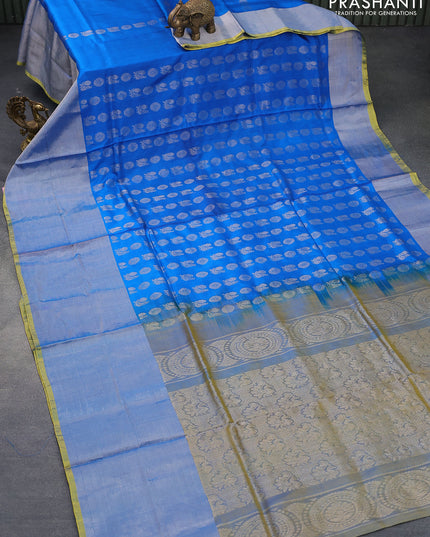 Pure uppada silk saree cs blue and yellow with silver zari woven buttas and long silver zari woven border