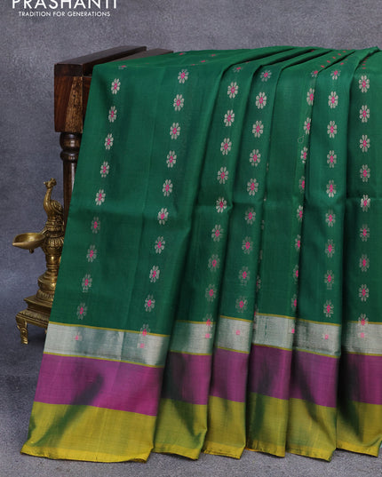 Pure uppada silk saree dark green and mustard yellow with allover thread & silver zari woven floral buttas and silver zari woven simple border