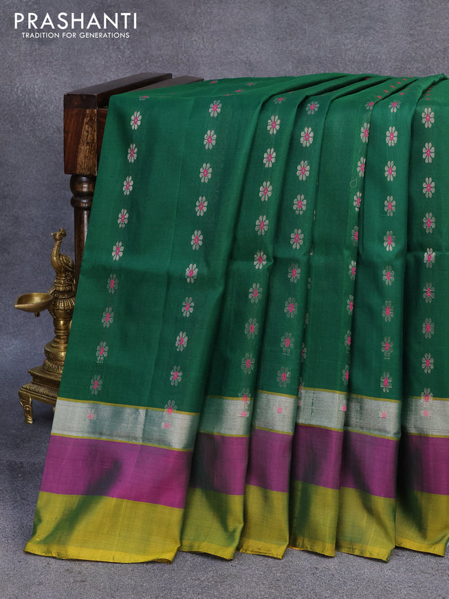 Pure uppada silk saree dark green and mustard yellow with allover thread & silver zari woven floral buttas and silver zari woven simple border